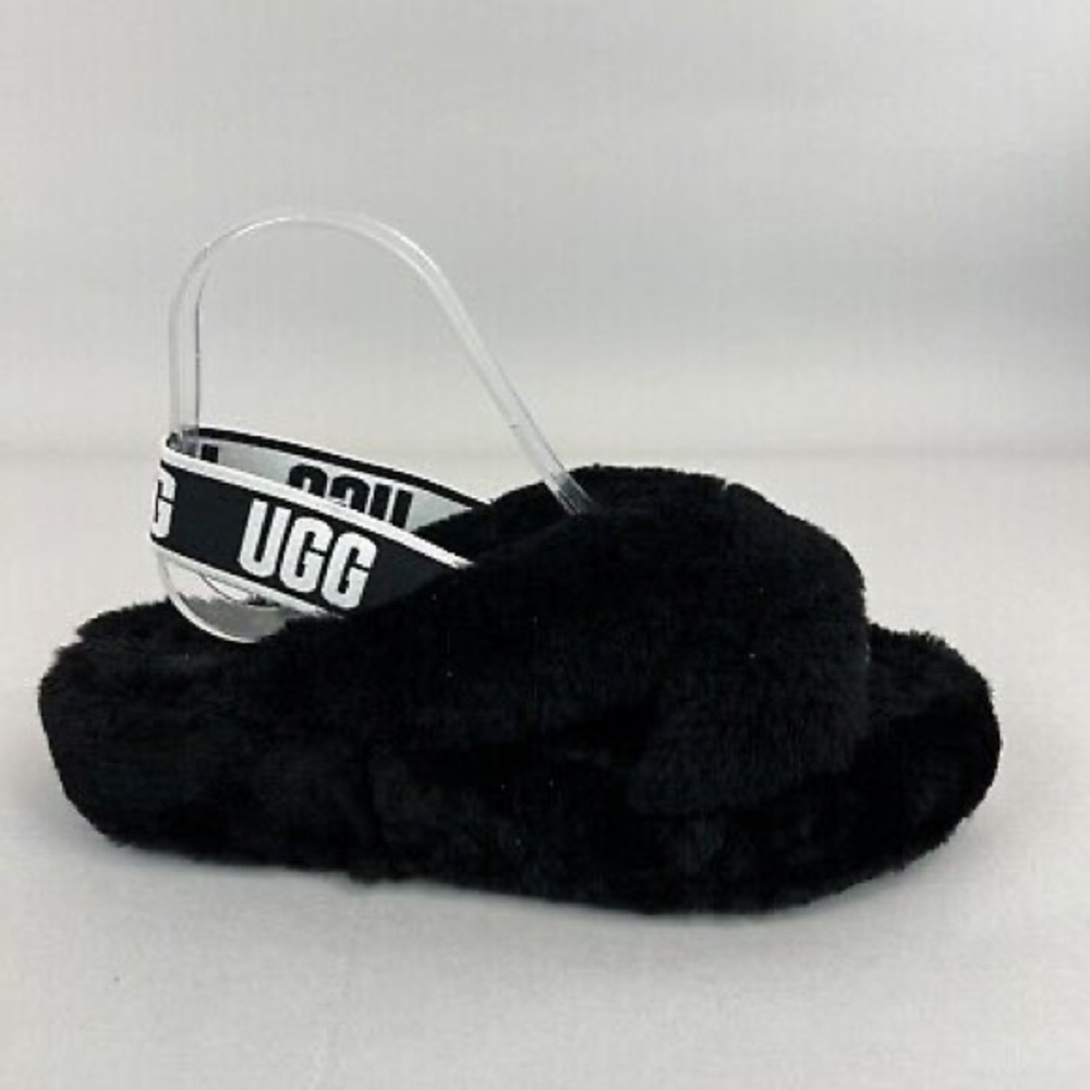 UGG Black Fluff Yeah Slide Slippers Sheepskin Flat Slingback Sandals